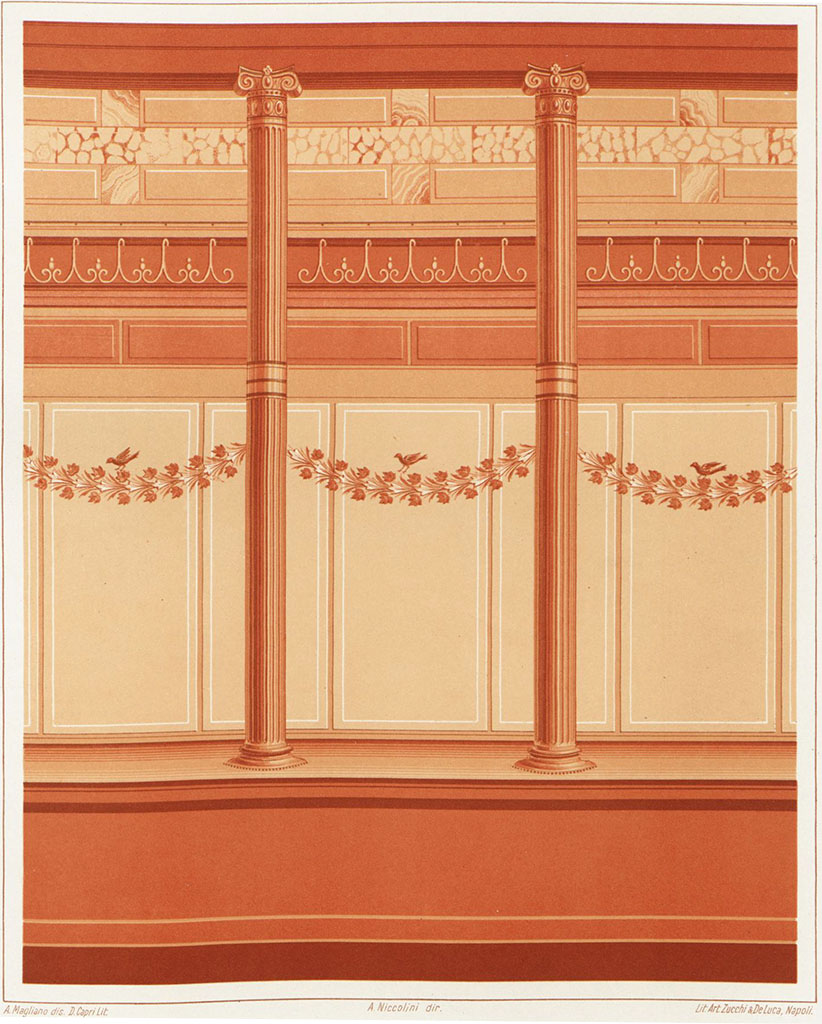 V.1.18 Pompeii. 
Reproduction painting of a wall from triclinium “m”. at end of corridor leading north from peristyle.
Niccolini described this as “a gracious but simple wall”.
See Niccolini, F., 1890. Le Case ed i Monumenti di Pompei Book 3. Napoli. (L’Arte in Pompei, Tav. XXXVI).