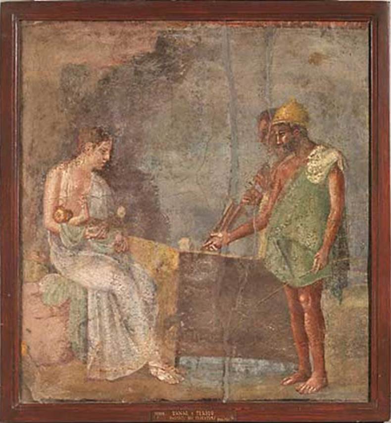 V.1.18 Pompeii. Exedra “o”, west wall.
In the middle of the west wall was a painting of Danae holding the child Perseus, arriving in Seriphos.
Now in Naples Archaeological Museum.  Inventory number 111212.
See Sogliano, A., 1879. Le pitture murali campane scoverte negli anni 1867-79. Napoli: Giannini. (p.  22, No. 77).
See Schefold, K., 1957. Die Wände Pompejis. Berlin: De Gruyter. p. 64-5.