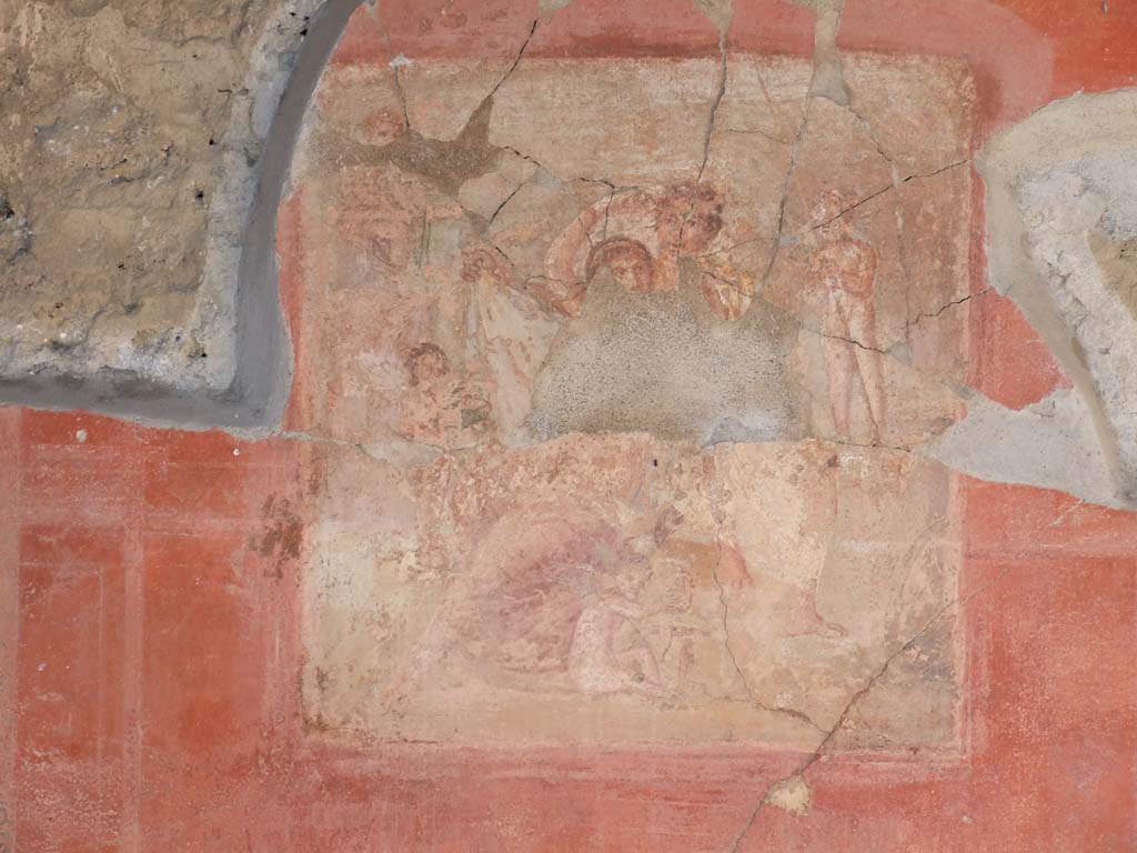 V.1.18 Pompeii.  December 2007. Remains of wall painting on north wall of Exedra “o”.