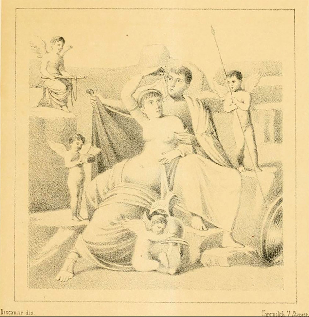 V.1.18 Pompeii. 
1882 drawing by Discanno of painting of Mars and Venus. Exedra “o” on north side of peristyle. North wall.  
See Presuhn E., 1882. Pompeji: Die Neuesten Ausgrabungen von 1874 bis 1881. Leipzig: Weigel. Abtheilung II, Taf VIII.