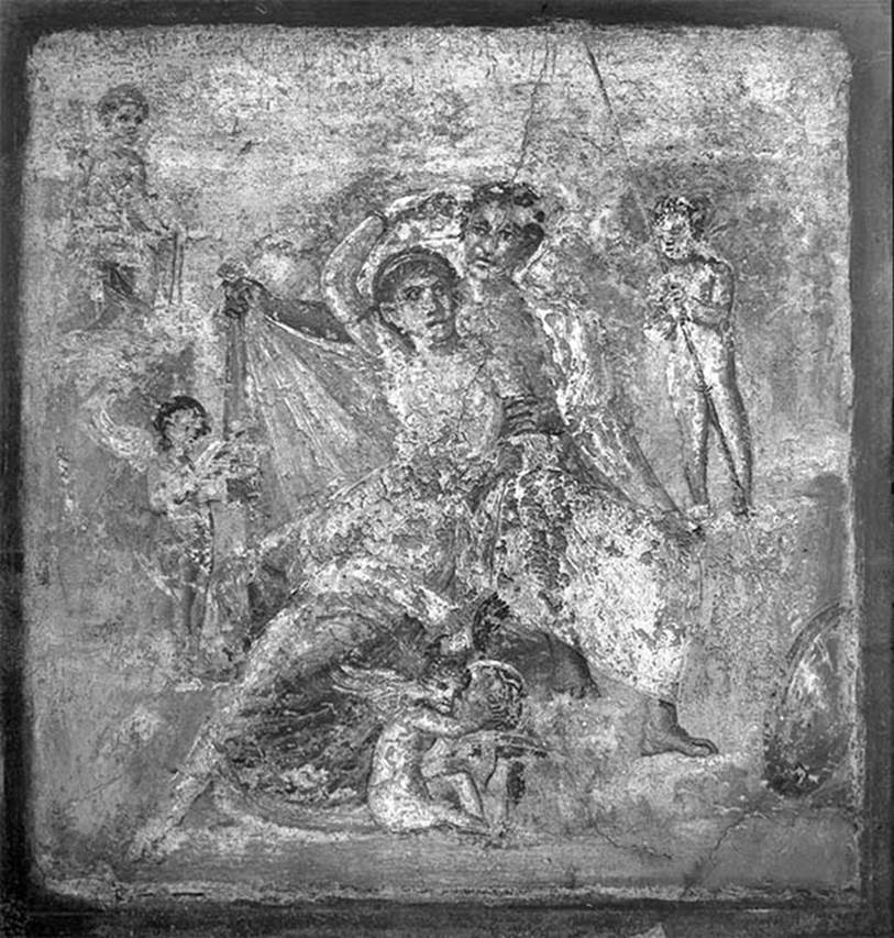 V.1.18 Pompeii. 19th century photograph of painting of Mars and Venus. 
Exedra “o” on north side of peristyle. North wall.