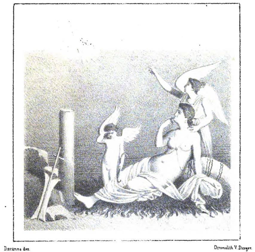 V.1.18 Pompeii. 1882 drawing of wall painting of Ariadne abandoned. Exedra “o”, east wall.
See Presuhn E., 1882. Pompeji: Die Neuesten Ausgrabungen von 1874 bis 1881. Leipzig: Weigel. Abtheilung II, Taf IX.