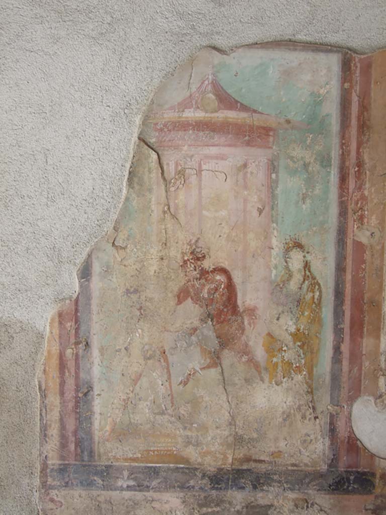 V.1.18 Pompeii. March 2009. West wall of exedra “y”.  
Wall painting of The Wrestling Contest between Pan and Eros in the presence of Venus.
See Leach, E.W., 2004. The Social Life of Painting in Ancient Rome and on the Bay of Naples. Cambridge UK: Cambridge UP. (p.135).