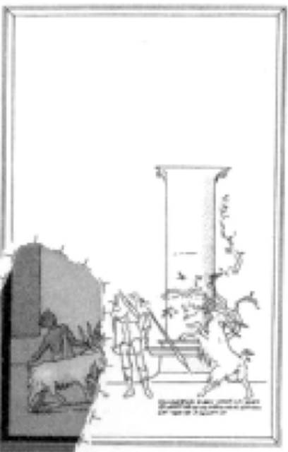 V.1.18 Pompeii. North wall of exedra “y”.  
Reconstruction drawing of wall painting of The Sacrifice of a Goat to Dionysus.
According to NdS, this picture, half destroyed, showed a column around which wrapped a vine, which a goat was biting into. 
In the middle was a man with short tunic, towards whom a little boy put forward another goat, clutching it by the horns and the tail. 
Below the column was an epigram.
See Notizie degli Scavi di Antichità, 1876, p. 78-9.
See Leach, E.W., 2004.  The Social Life of Painting in Ancient Rome and on the Bay of Naples. Cambridge UK: Cambridge UP. (p.135).
See Strocka V. M., 1995. Das Bildprogramm des Epigrammzimmers in Pompeji. Abb. 3.