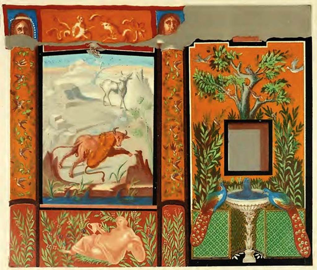 V.1.18 Pompeii. Painting on east wall of peristyle garden “i”.  
See Presuhn E., 1882. Pompeji: Die Neuesten Ausgrabungen  von 1874 bis 1881. Leipzig: Weigel. Abtheilung II, Taf II.