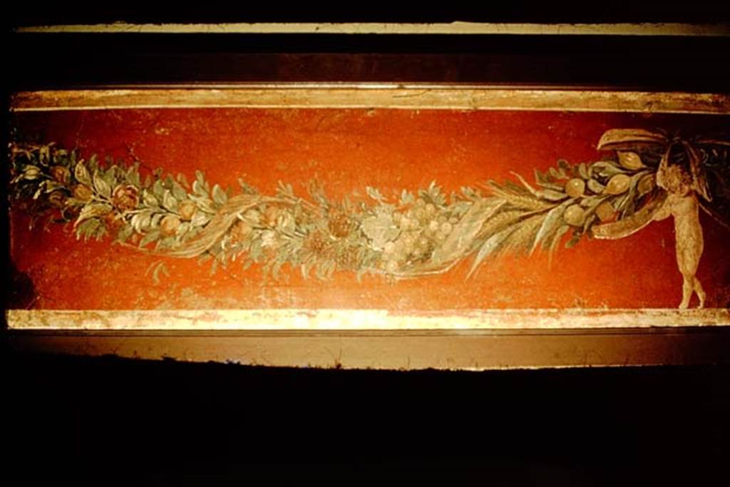 V.1.18 Pompeii. 1966. This photo was taken along with the other two above. 
It appears to be of the same decoration but is not shown in PPM like the other two and may not be from this house.
Photo by Stanley A. Jashemski.
Source: The Wilhelmina and Stanley A. Jashemski archive in the University of Maryland Library, Special Collections (See collection page) and made available under the Creative Commons Attribution-Non Commercial License v.4. See Licence and use details.
J66f0787