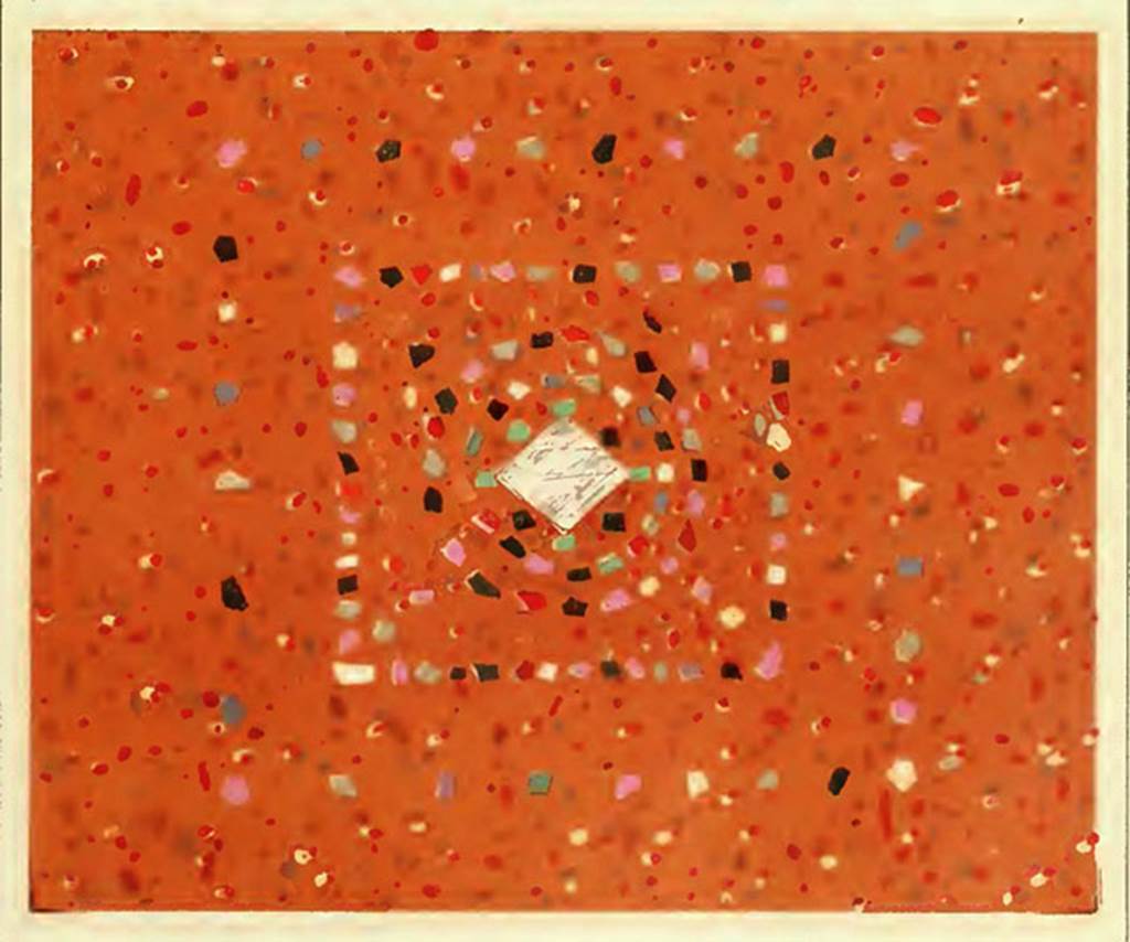 V.1.18 Pompeii. Tablinum “g”. Red screed floor inlaid with coloured marble chips in the middle.
According to Presuhn;
“To the right of tablinum is a bedroom “f” with crude walls. From the Decoration of the tablinum unfortunately little remains; black intermediate fields separated red and yellow wall panels, like the atrium, decorated in second style. (Pr. Wandd. p. 13). A panel by “g”, although badly damaged, is still recognizable; Venus and Adonis are shown here: With a pretty crying Amor, who survived the destruction of the image until now.
On the one side field a cupid leads a greyhound on a leash. on the other side, a cupid has killed in a boar; in the yellow top wall he carries a beautiful garland. 
The red screed floor of the tablinum has an ornament inlaid with coloured marble chips in the middle.”
„Rechts vom Tablinum ist ein Schlafzimmer (e) mit rohen Wänden. Von der Decoration des TabIinum ist leider wenig erhalten; schwarze Zwischenfelder trennten rothe und gelbe Wandfelder. gleich dem Atrium im Stil der zweiten Epoche componirt (Pr. Wandd. p. 13). Ein Tafelbild (bei f). obgleich sehr zerstört. ist noch erkennbar; Venus und Adonis sind hier dargestellt (vgl. HeIbig, Wandgemälde 329-345): mit einem hübschen weinenden Amor, der die Zerstörung des Bildes bis jetzt überdauert hat.
Auf dem einen Seitenfelde führt ein Amoretto einen Windhund an der Leine. auf dem anderen steht er bei einem erlegten Eber; in der gelben Oberwand tragt er eine prächtige Guirlande (Pr. Wandd. Tafel XIX). Der rothe Estrich-Fussboden des Tablinums hat in der Mitte eine Verzierung mit eingelegten bunten Marmorstückchen (Tafel IlI unten) .“
See Presuhn E., 1882. Pompeji: Die Neuesten Ausgrabungen  von 1874 bis 1881. Leipzig: Weigel. Abtheilung II, p. 3-4, Taf III, lower.
See Presuhn E, 1877. Die pompejanischen Wanddecorationen. Leipzig: Weigel, Taf. XIX.