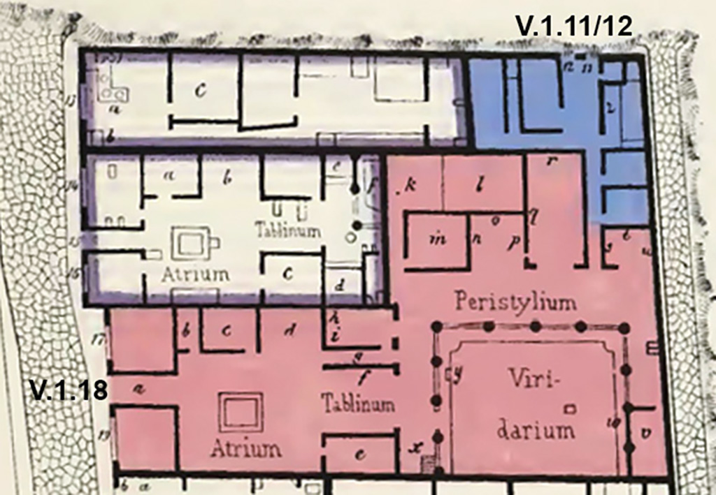 V.1.18.11.12 Pompeii. 1882 plan V.1.18.11.12 Pompeii. 1882 plan by Presuhn indicating location of rooms and features as outlined in his text.
See Presuhn E., 1882. Pompeji: Die Neuesten Ausgrabungen von 1874 bis 1881. Leipzig: Weigel. Abtheilung II.