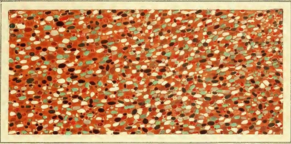 V.1.18 Pompeii. 1882 painting of floor with colourful marble stones. Entrance corridor “a”.
In the gently sloping hallway or ostium (a) a pretty floor was made by sprinkling coloured marble chips in red screed.
See Presuhn E., 1882. Pompeji: Die Neuesten Ausgrabungen  von 1874 bis 1881. Leipzig: Weigel. Abtheilung II, Taf III upper.
