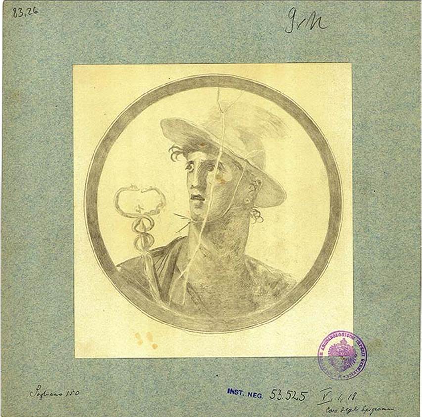 V.1.18 Pompeii. Atrium “b”. Drawing of medallion painting with bust of Hermes/Mercury with petasus and caduceus.
DAIR 83.26. Photo © Deutsches Archäologisches Institut, Abteilung Rom, Arkiv. 
See http://arachne.uni-koeln.de/item/marbilder/5022202 
Found on the entrance wall, right of the fauces (from in the atrium).
See Bullettino dell’Instituto di Corrispondenza Archeologica (DAIR), 1877, p. 19.
.