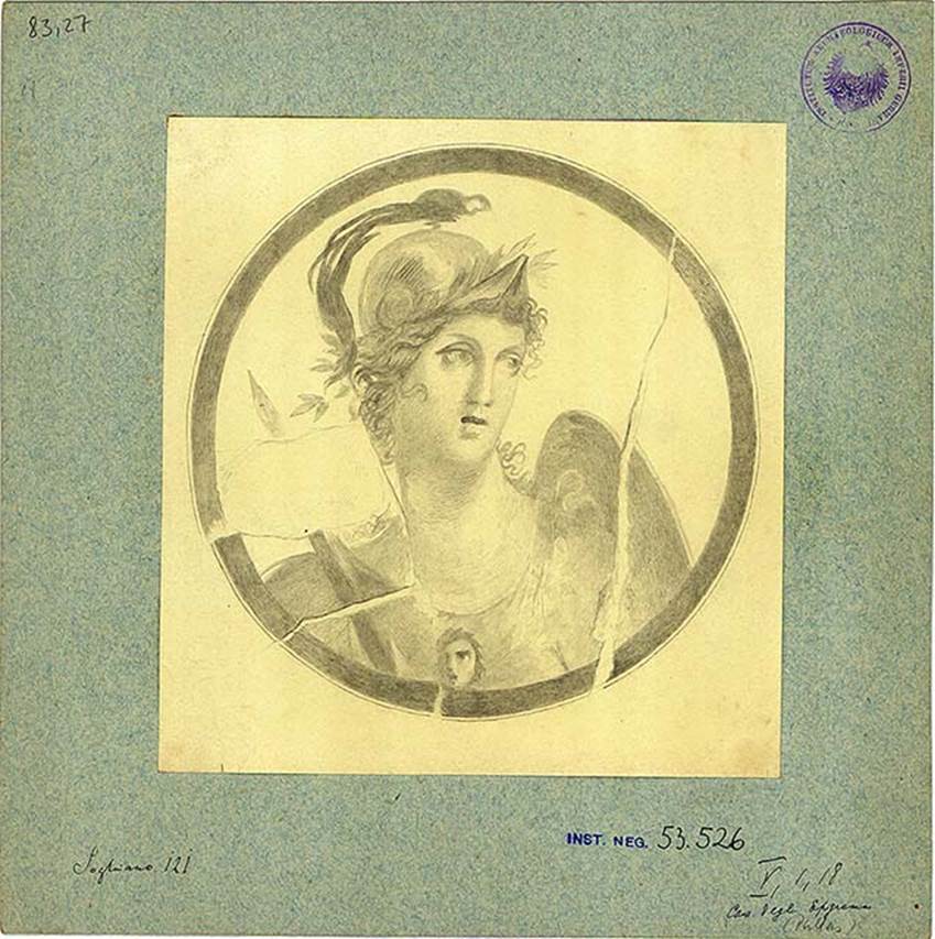 V.1.18 Pompeii. Atrium “b”. Drawing of medallion painting with bust of Athena/Minerva with helmet, shield and lance.
DAIR 83.27. Photo © Deutsches Archäologisches Institut, Abteilung Rom, Arkiv. 
See http://arachne.uni-koeln.de/item/marbilder/5022203 
Found on the entrance wall, left of the fauces (from in the atrium).
See Bullettino dell’Instituto di Corrispondenza Archeologica (DAIR), 1877, p. 20.