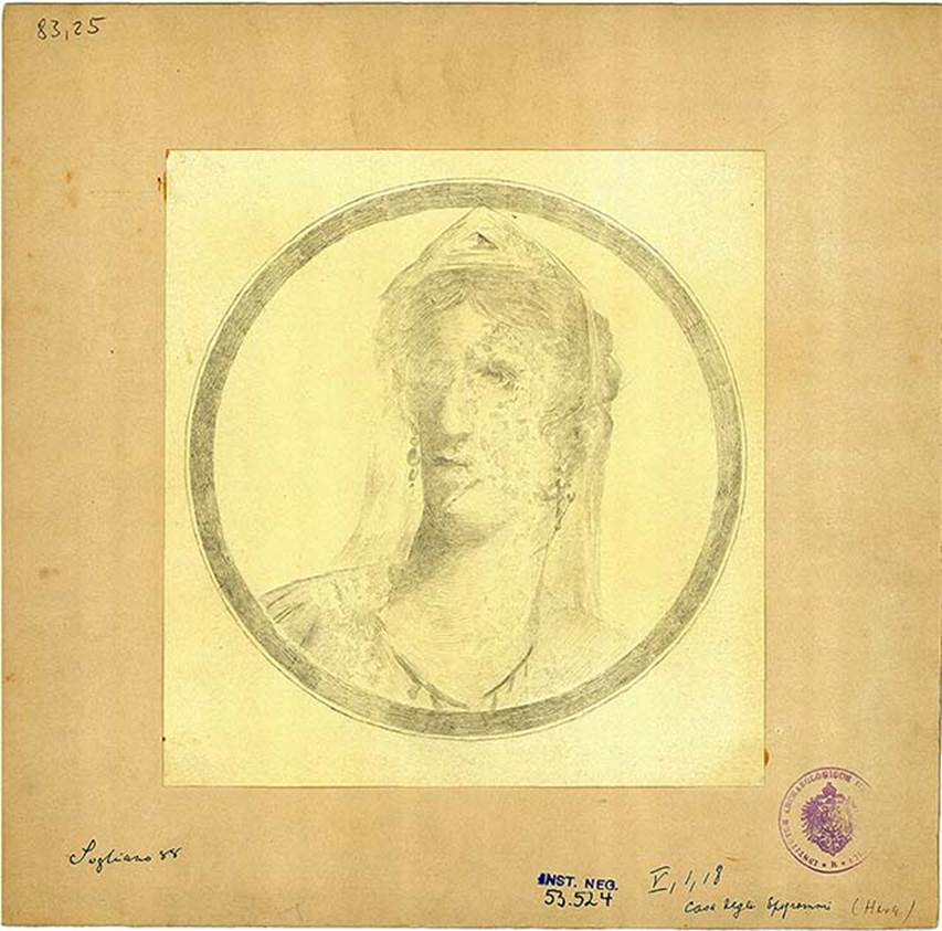 V.1.18 Pompeii. Atrium “b”. Drawing of medallion painting with bust of Hera/Juno wearing tiara and veil.
DAIR 83.25. Photo © Deutsches Archäologisches Institut, Abteilung Rom, Arkiv. 
See http://arachne.uni-koeln.de/item/marbilder/5022201 
Found on the entrance wall, left of the fauces and left of Minerva (from in the atrium).
See Bullettino dell’Instituto di Corrispondenza Archeologica (DAIR), 1877, p. 20.