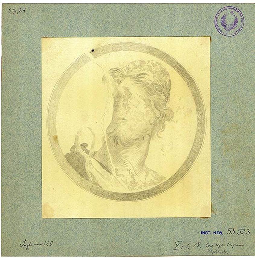 V.1.18 Pompeii. Atrium “b”. Drawing of medallion painting with bust of Hephaestus/Vulcan with beard .
His hair is like it has been blown in the wind. His head is covered by a pilos (felt cap).
DAIR 83.24. Photo © Deutsches Archäologisches Institut, Abteilung Rom, Arkiv. 
See http://arachne.uni-koeln.de/item/marbilder/5022200 
Found on the right wall, at the centre.
See Bullettino dell’Instituto di Corrispondenza Archeologica (DAIR), 1877, p. 20.