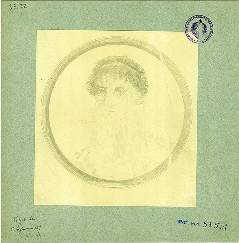 V.1.18 Pompeii. Atrium “b”. Drawing of medallion painting with bust of Aphrodite/Venus. Badly destroyed.
She has blonde hair and wears a thin gold band with green diamond shaped stone on the front.
DAIR 83.22. Photo © Deutsches Archäologisches Institut, Abteilung Rom, Arkiv. 
See http://arachne.uni-koeln.de/item/marbilder/5022198 
Found on the right wall, at the left end.
See Bullettino dell’Instituto di Corrispondenza Archeologica (DAIR), 1877, p. 20.