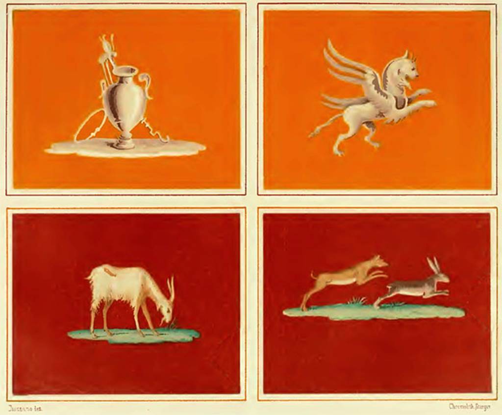 Decorative figures. Top two cubiculum “f”. Bottom two ala “e”
See Presuhn E., 1882. Pompeji: Die Neuesten Ausgrabungen  von 1874 bis 1881. Leipzig: Weigel. Abtheilung II, Taf V.