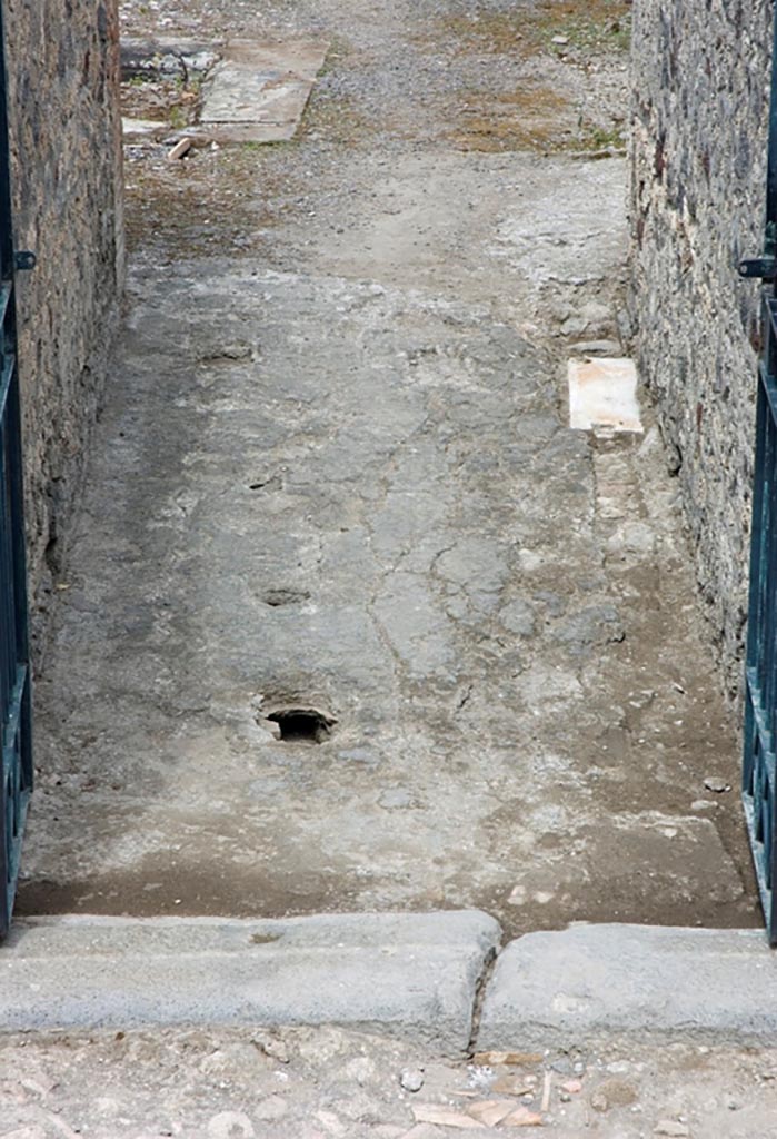 V.1.23 Pompeii. 
Looking east from entrance doorway across flooring in entrance corridor/fauces “a”.
Photo by Hans Thorwid.
Photo courtesy of the Swedish Pompeii Project.