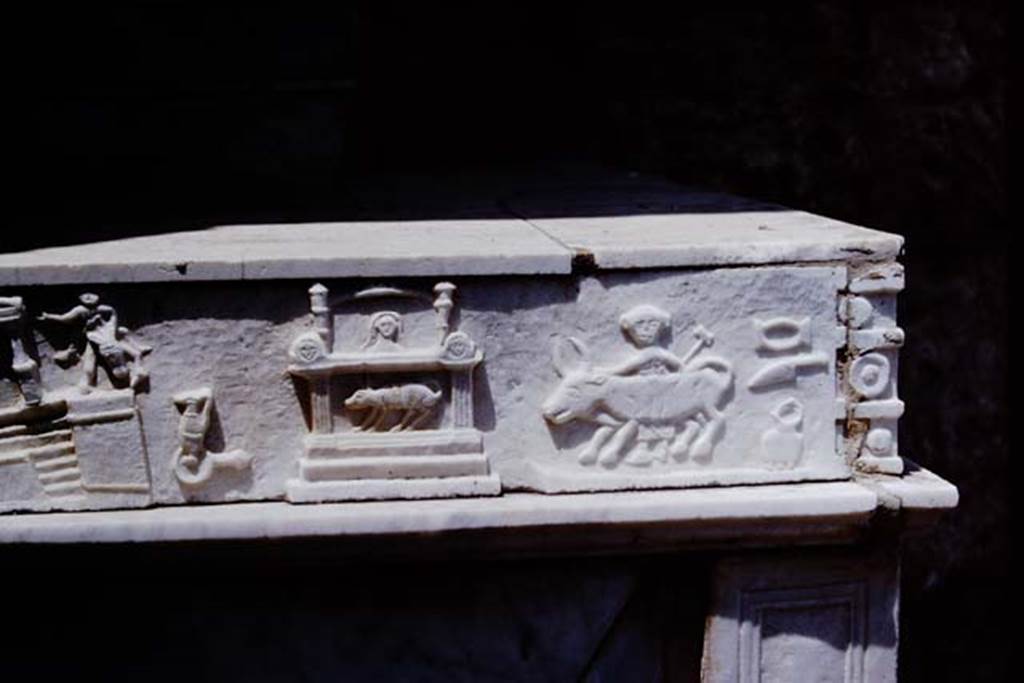 V.1.26 Pompeii. 1964.  Part of scene on marble slab from side of household altar in atrium. Photo by Stanley A. Jashemski.
Source: The Wilhelmina and Stanley A. Jashemski archive in the University of Maryland Library, Special Collections (See collection page) and made available under the Creative Commons Attribution-Non Commercial License v.4. See Licence and use details.
J64f1633