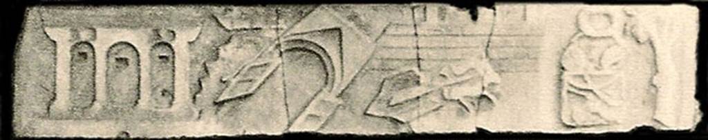 V.1.26 Pompeii. Detail from old undated photograph. 
Marble slab from above the household altar in atrium.
Scene of the Castellum Acquae and Vesuvian Gate in the earthquake of AD62.