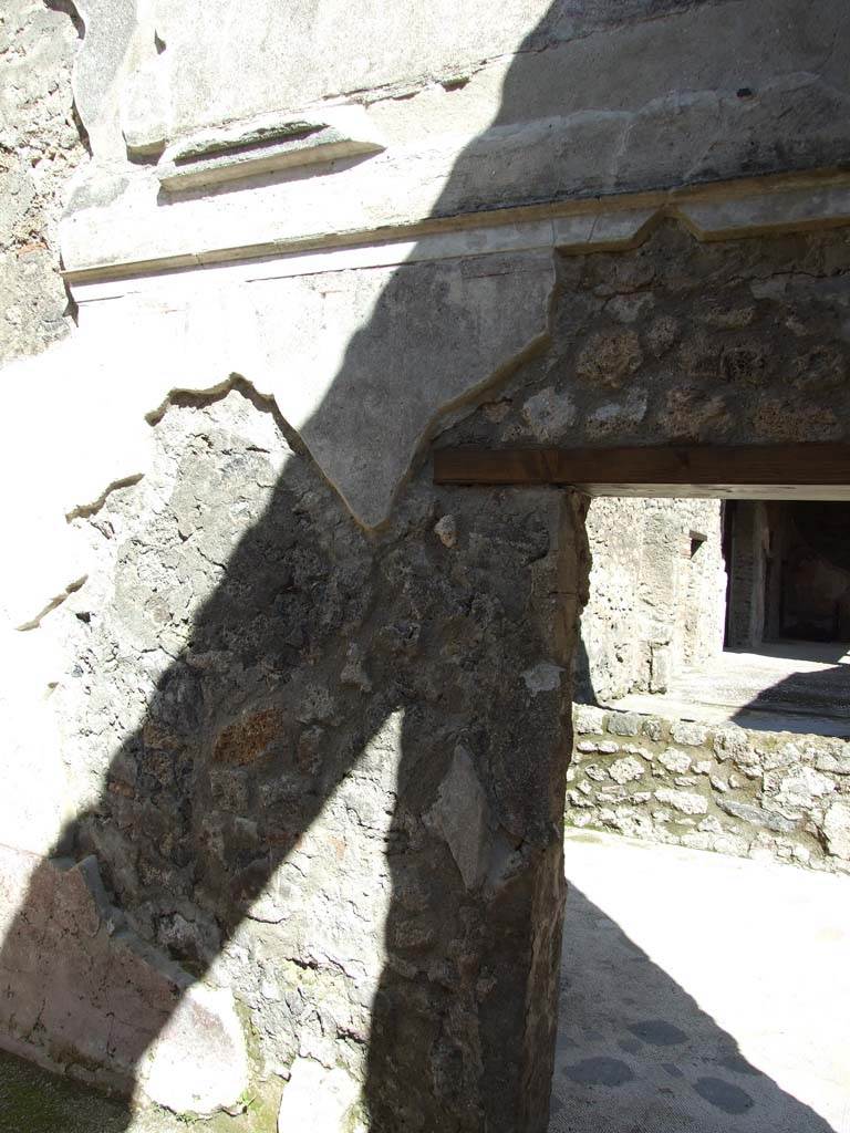 V.1.26 Pompeii. March 2009. 
Room “d”, remains of plaster, cornice and decoration on east wall of second cubiculum.