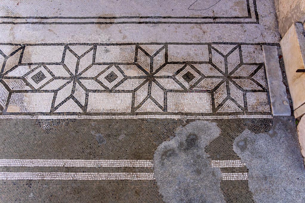 V.1.26 Pompeii. October 2023. 
Room “i”, south end of mosaic doorway threshold from atrium into tablinum. Photo courtesy of Johannes Eber.