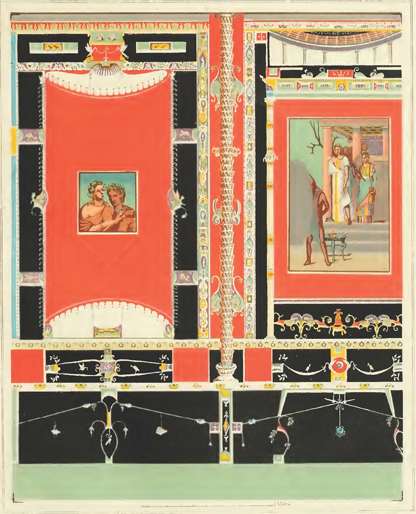 V.1.26 Pompeii. 1877. Room “i”, west end of north wall of tablinum. 
Painting of wall with two paintings of a Satyr and Nymph, and Iphigenia in Tauris.
See Presuhn E, 1877. Die pompejanischen Wanddecorationen. Leipzig: Weigel, Taf. V.