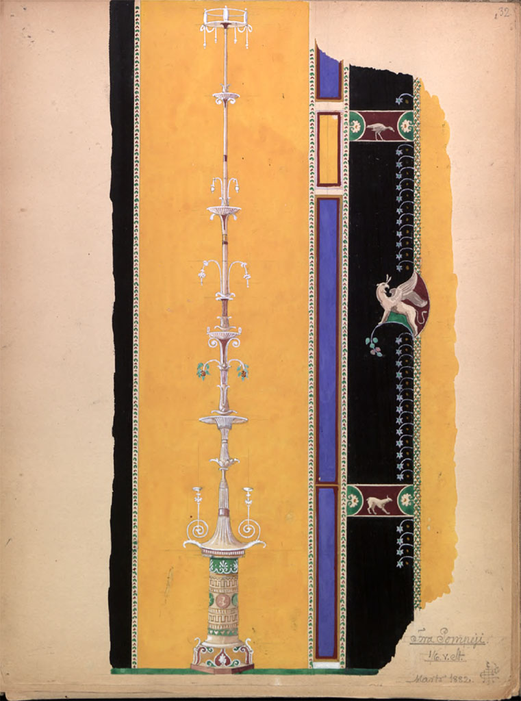V.1.26 Pompeii. April 1882. 
Painting by Hector Estrup, showing detail from pilasters on east wall of tablinum.
Photo © Danmarks Kunstbibliotek, inventory number 52694.
See Skitsebog Hector Estrup (1854-1904) Italiensrejse 1882, pl. 32. 
© Danmarks Kunstbibliotek, inventory number 52694.
http://kunstbib.dk/en/collections/sketchbooks/sketchbooks/000036205