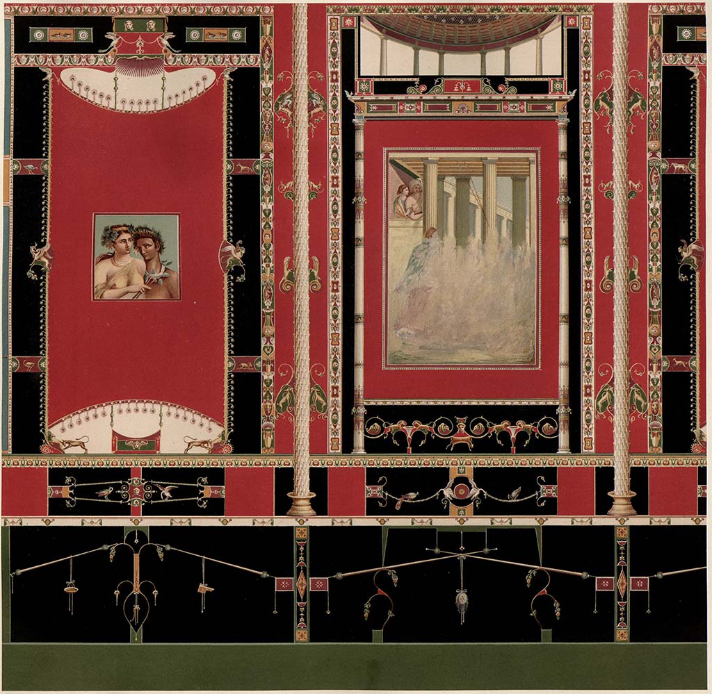 V.1.26 Pompeii. 1882. Room “i”, painting by A. Sikkard of east end of south wall of tablinum. 
See Mau, A. 1882. Geschichte der Decorativen Wandmalerei in Pompeji. Berlin: Reimer, Taf. XIII.