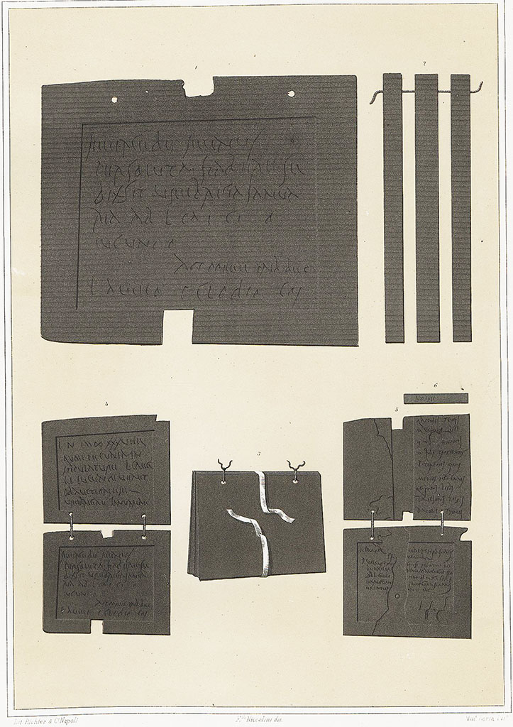 V.1.26 Pompeii. Drawing of wax tablets by Niccolini.
According to Nicolini –
“In July of 1875 these were found above the portico of the peristyle, in the space of about half a cubic metre, neatly collected, one hundred and thirty-two writing tablets (libelli), including triptychs, diptychs and single ones, engraved with a stylus on tablets coated with wax. Unique example found to date, and since described by Professor De Petra, current Director of the National Museum.” 
See Niccolini F, 1862. Le case ed i monumenti di Pompei: Volume Secondo. Napoli, Tav. LX.