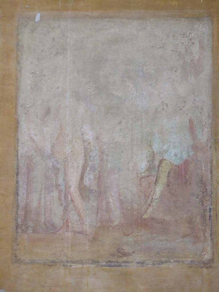 V.1.26 Pompeii. March 2009. Room “o”, north wall of triclinium. 
Remains of wall painting in centre panel, possibly Paris judging the beauty of the three goddesses.