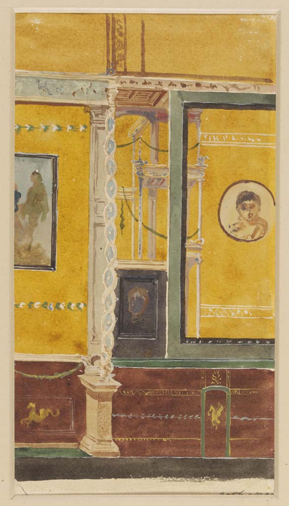 V.1.26 Pompeii. c.1870’s, painting by Bazzani. 
Room “o”, detail from north wall of triclinium on east side of central painting.
Photo © Victoria and Albert Museum. Inventory number 2056-1900.