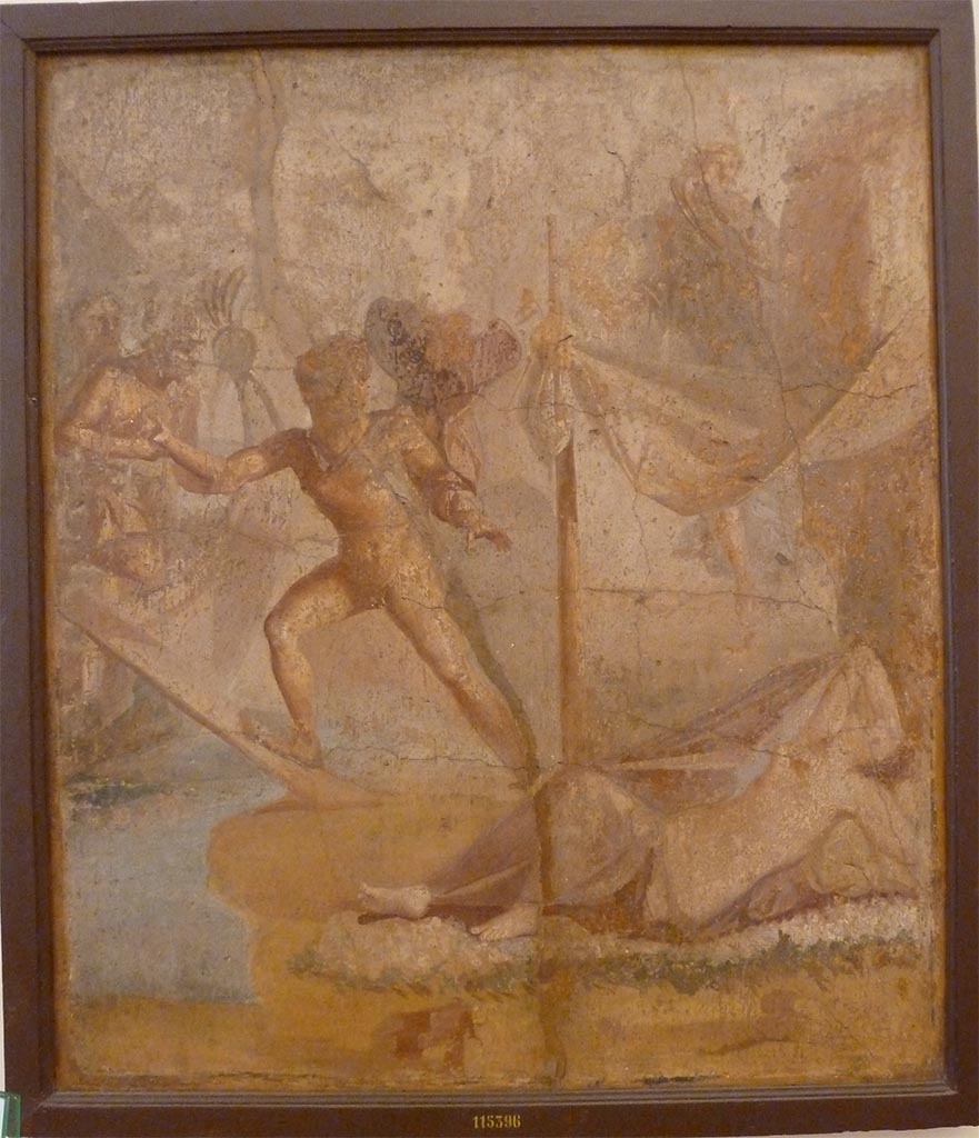 V.1.26 Pompeii. May 2010. Room “o”, wall painting of Theseus abandoning Ariadne.
This would have been in the central panel of the east wall.
Now in Naples Archaeological Museum. Inventory number 115396.