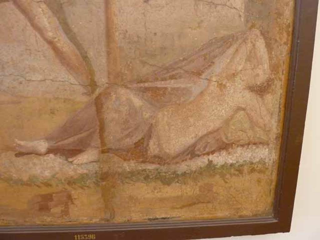 V.1.26 Pompeii. May 2010. Room “o”, east wall of triclinium.
Detail of Ariadne sleeping on a bed of roses and white flowers. 
When the painting was excavated the gilding of her chain and ankle bands was still visible.
Now in Naples Archaeological Museum. Inventory number 115396.