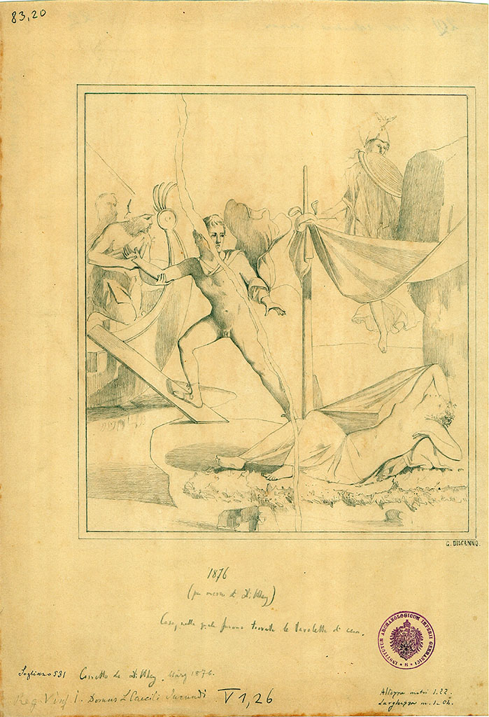 V.1.26 Pompeii. 1876. Room “o”, central panel of the east wall.
Drawing by G. Discanno of wall painting of Theseus abandoning Ariadne.
DAIR 83.20. Photo © Deutsches Archäologisches Institut, Abteilung Rom, Arkiv.