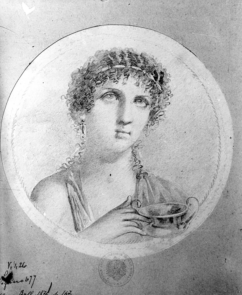 V.1.26 Pompeii. W.321. Room “o”, drawing of medallion, from east end of south wall of triclinium.
See Sogliano, A., 1879. Le pitture murali campane scoverte negli anni 1867-79. Napoli: Giannini. (p.140, no.677)
Photo by Tatiana Warscher. Photo © Deutsches Archäologisches Institut, Abteilung Rom, Arkiv.