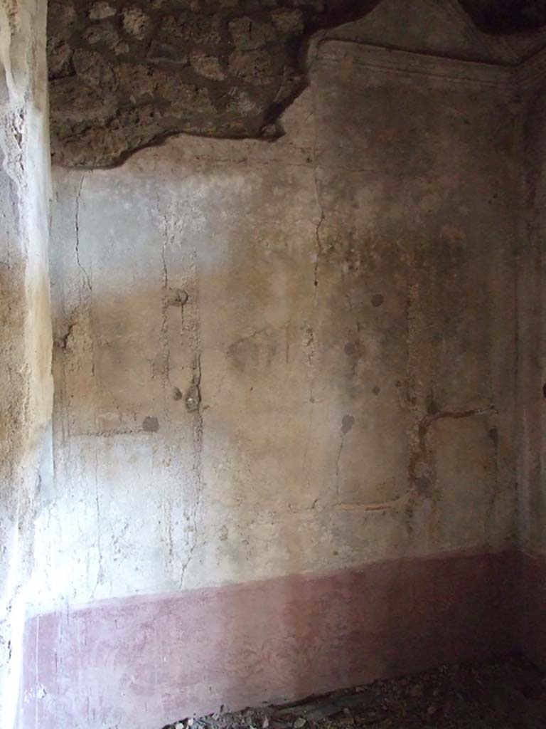 V.1.26 Pompeii. March 2009. Room "p",  recess in east wall.
According to PPM – 
Dionysus, standing, holding a thyrsus, was seen in the central panel of the alcove against the east wall.
See Carratelli, G. P., 1990-2003. Pompei: Pitture e Mosaici: Vol. III. Roma: Istituto della enciclopedia italiana, (p. 614 no.83).
According to Sogliano –
Dioniso in piedi col tirso nella destra, vestito di clamide pavonazza. (Bull.Inst, 1876, p.229)
(Standing Dionysus, with thyrsus in the right hand, dressed in a purple cloak). 
See Sogliano, A., 1879. Le pitture murali campane scoverte negli anni 1867-79. Napoli: Giannini, (p.38, no.158).
Kuivalainen describes “a standing youth with a thyrsus in his right hand, a violet cloak on his left arm”.
In his comments – he says – The picture of Bacchus is located in a niche for a bed, which is rare”.
See Kuivalainen, I., 2021. The Portrayal of Pompeian Bacchus. Commentationes Humanarum Litterarum 140. Helsinki: Finnish Society of Sciences and Letters, p.96, B3.