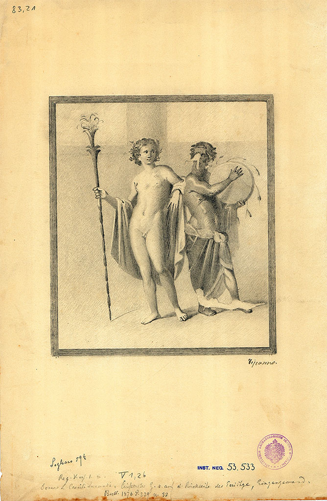 V.1.26 Pompeii. Room "t", north wall. Drawing by G. Discanno of painting of Hermaphrodite and Silenus.
DAIR 83.21. Photo © Deutsches Archäologisches Institut, Abteilung Rom, Arkiv. 
Original painting now in Naples Archaeological Museum. Inventory number 111213.
See Carratelli, G. P., 1990-2003. Pompei: Pitture e Mosaici: Vol. III. Roma: Istituto della enciclopedia italiana, p. 616 and 618, no. 89.