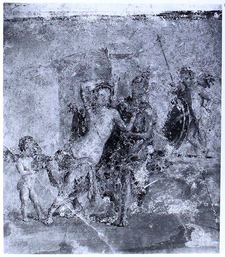 V.1.23/26, Room "t",  south wall. 
Mars with helmet on, sitting next to Venus, with a Cupid on either side. 
Now in Naples Archaeological Museum, inv. no. 111214.
See Carratelli, G. P., 1990-2003. Pompei: Pitture e Mosaici: Vol. III. Roma: Istituto della enciclopedia italiana, p. 618, no.91.