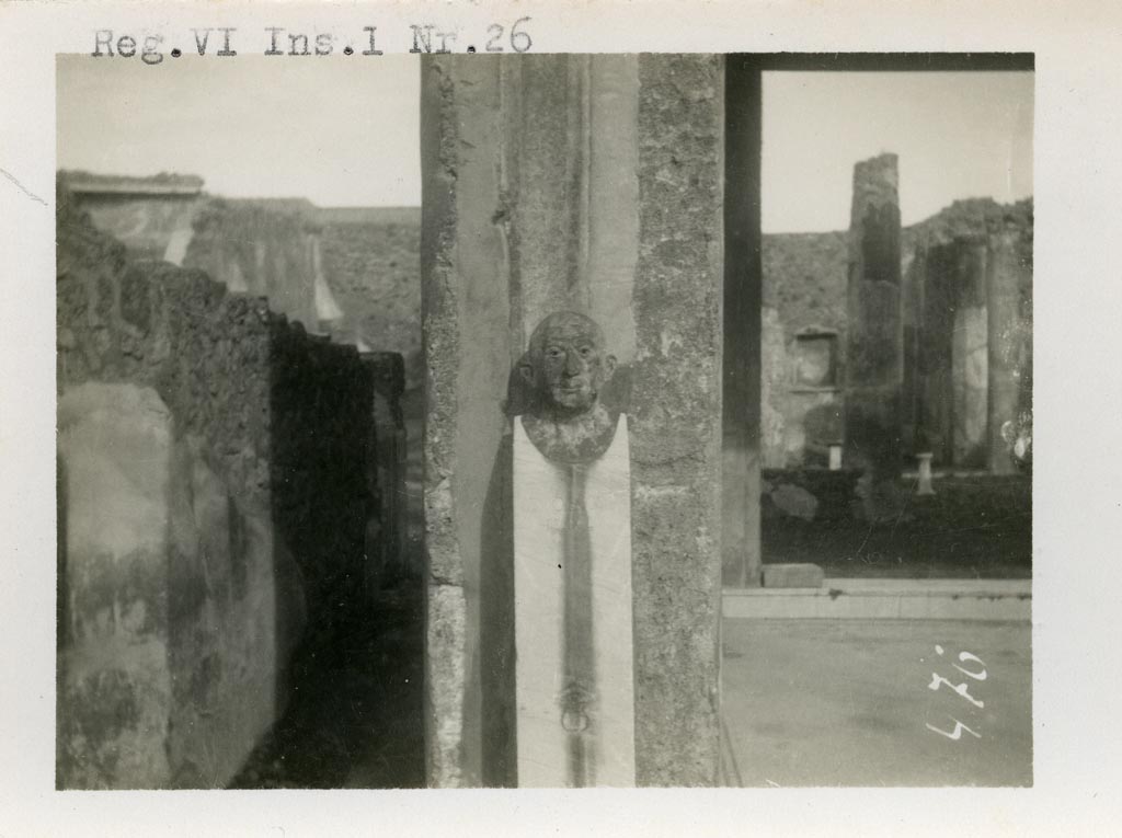 V.1.26 Pompeii but shown on the photo as VI.1.26. Pre-1937-39. 
Room “b”, looking east across atrium towards bronze herm bust.
Photo courtesy of American Academy in Rome, Photographic Archive. Warsher collection no. 476.