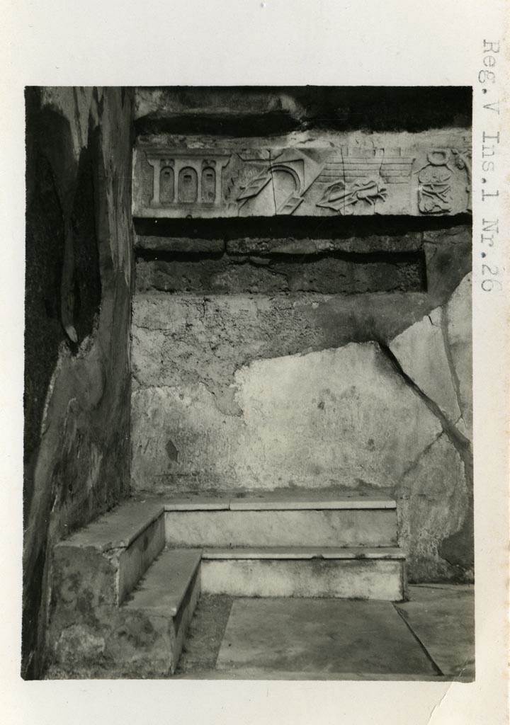 V.1.26 Pompeii. Pre-1937-39. Room “b”, atrium, detail of top of marble lararium.
Photo courtesy of American Academy in Rome, Photographic Archive. Warsher collection no. 1563.
