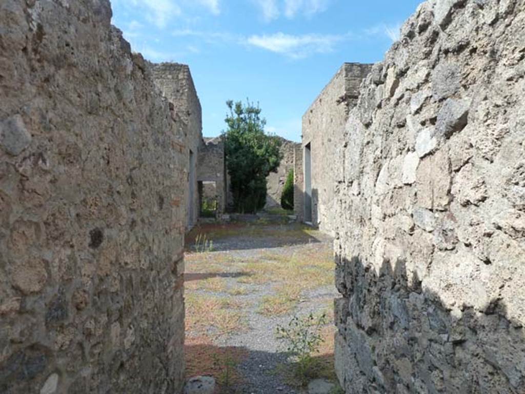 V.2.1 Pompeii. September 2015. Looking north from the entrance fauces across the atrium and site of impluvium to the garden area.
According to Garcia y Garcia –
“On the 13th September 1943, a bomb of huge calibre fully hit the atrium of this house, destroying apart from the cubiculum to the east of the atrium, the floor of the impluvium and its puteal, and also all of the rooms around the atrium with their dividing walls.
The bomb also caused the grave loss of IV Style paintings in the two cubicula to the west of the tablinum, that were originally decorated – the first with the paintings of “Leda and the Swan” and of “Poseidon and Amimone”, and the second, bigger and with the recess for the bed, with the paintings of “Marsia and Olympo”, “Giove and Danae”, and “Meleager and Atalanta”; two of these paintings were lost and it was only possible to recompose them from fragments.
Also the large windowed triclinium on the south-east side of the garden area suffered the notable damage that came, but only in part, and was hastily restored, and some of the collapsed paintings were able to be recomposed from the thousands of fragments.”
See Garcia y Garcia, L., 2006. Danni di guerra a Pompei. Rome: L’Erma di Bretschneider, (p.62).