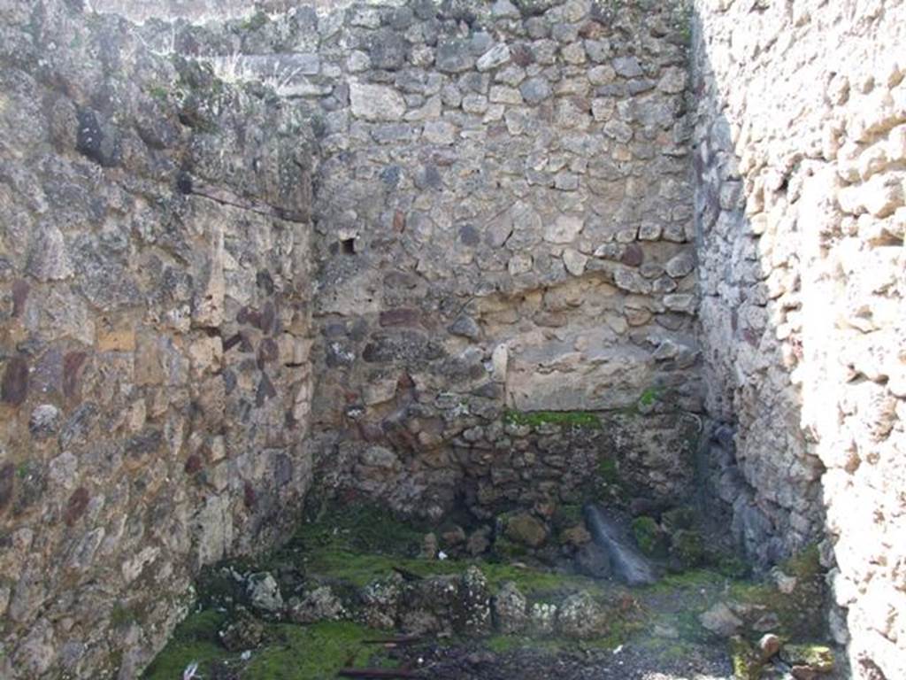 V.2.1 Pompeii. March 2009. Room 4, looking west towards the remains of west wall of the cubiculum, with latrine “e” at its rear. 
It now looks like it is all of the same room but would have been a separate latrine reached by a door, now blocked, which can be seen in the south wall, see V.2.a. The doorway would have been on the north side of corridor “d”.