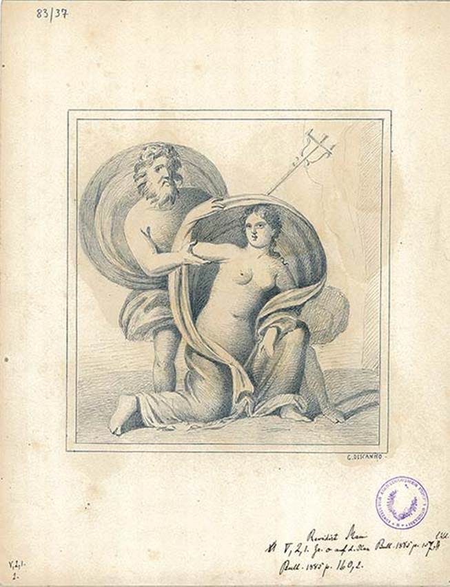 V.2.1 Pompeii. Room 8, south wall. Drawing by G. Discanno of painting of Neptune and Amymone. 
DAIR 83.37. Photo © Deutsches Archäologisches Institut, Abteilung Rom, Arkiv.