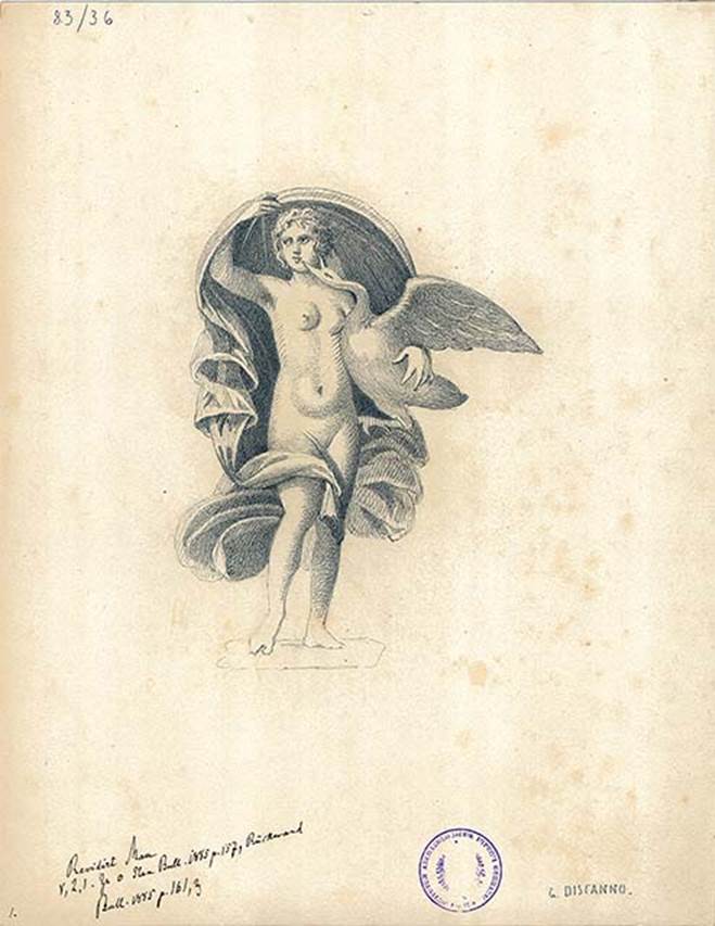 V.2.1 Pompeii. Room 8, design by G. Discanno showing Leda and the swan from the centre of the west wall.
DAIR 83.36. Photo © Deutsches Archäologisches Institut, Abteilung Rom, Arkiv.