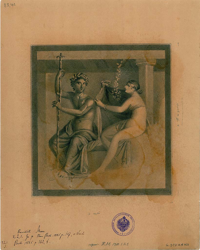 V.2.1 Pompeii. Room 9, north wall, painting by G. Discanno of Danae and Zeus.  
DAIR 83.41. Photo © Deutsches Archäologisches Institut, Abteilung Rom, Arkiv.
