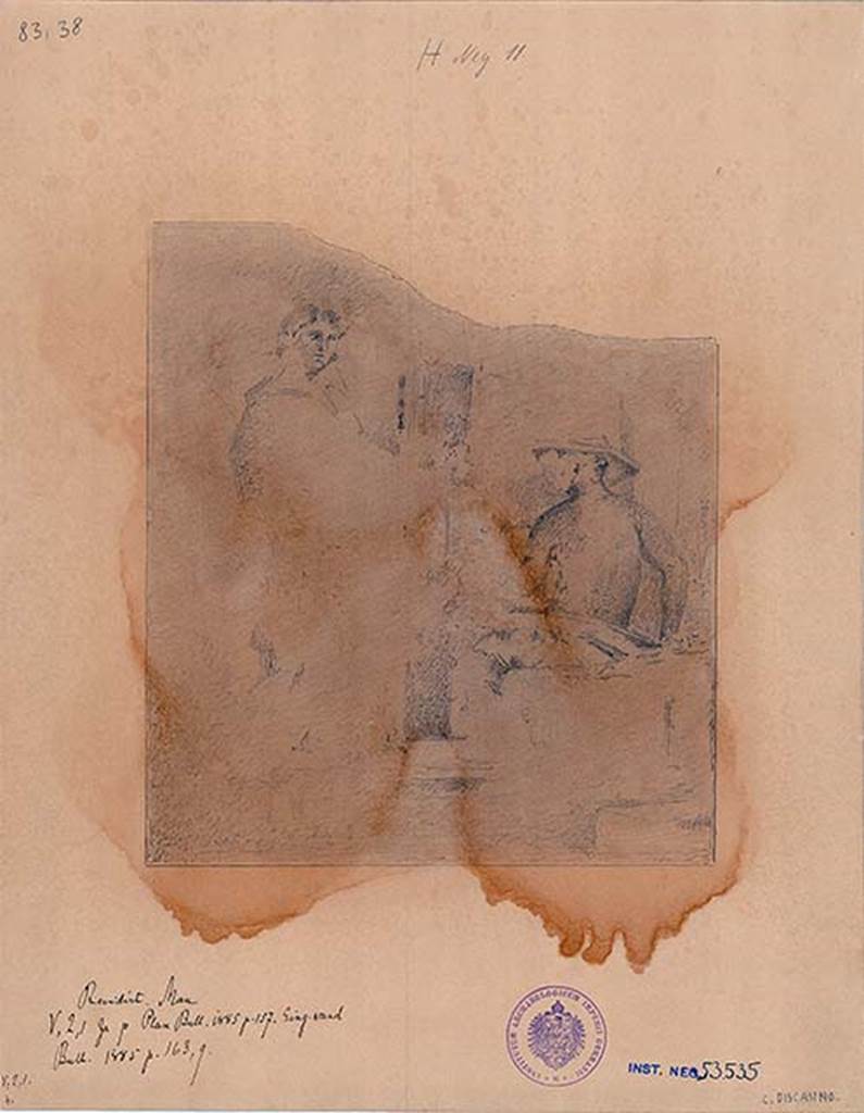 V.2.1 Pompeii. Room 9, painting on east wall of triclinium, much ruined at the time of discovery. This has been interpreted as both either Atalanta and Meleager, or possible Odysseus and Penelope. DAIR 83.38. Photo © Deutsches Archäologisches Institut, Abteilung Rom, Arkiv.
