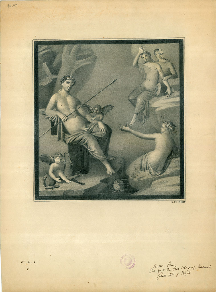 V.2.1 Pompeii. Room 15, painting by G. Discanno of Narcissus between nymphs and cupids from east wall.
See Bullettino dell’Instituto di Corrispondenza Archeologica (DAIR), 1885, p. 175 (room no “r”).
DAIR 83.42. Photo © Deutsches Archäologisches Institut, Abteilung Rom, Arkiv.