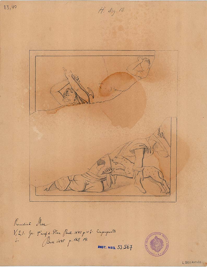 V.2.1 Pompeii. 
Room 15, (or Triclinium “r”) design by G. Discanno of fragment of painting on the west wall of the Rage of Lycurgus.
See Mau in Bullettino dell’Instituto di Corrispondenza Archeologica (DAIR), 1885, p. 157, p. 165 no.14.
DAIR 83.40. Photo © Deutsches Archäologisches Institut, Abteilung Rom, Arkiv.