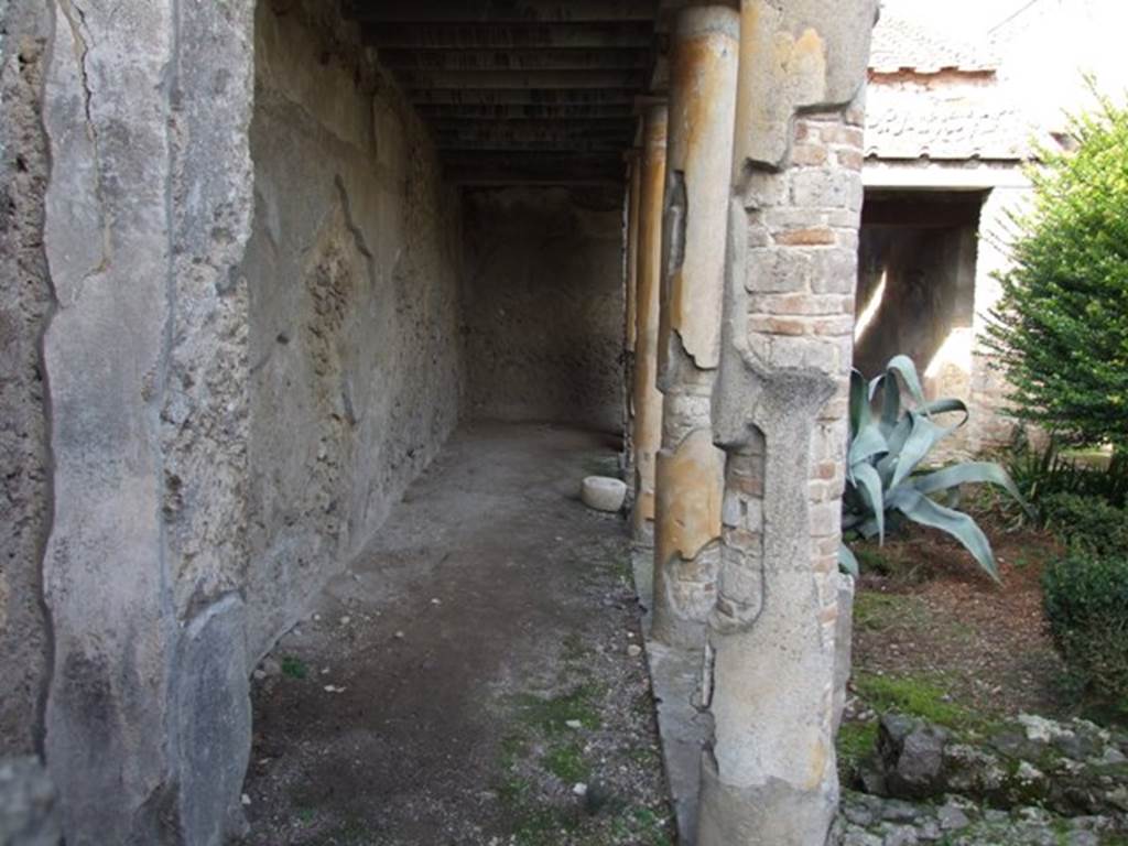 V.2.4 Pompeii. December 2007. Looking north along west side of peristyle.
According to Jashemski –
The peristyle garden at the rear of the tablinum of this caupona (excavated 1884-5) had a portico that had undergone various changes. It was supported by columns and pillars on part of the south, west and north sides. 
The low masonry wall near the edge of the garden which outlined its limits on these sides, had a planting area on the south side in the top of the wall. There was a gutter, wider on the south side, just inside this wall. 
Graffiti written on the portico just outside the triclinium by the fuller L. Quintilius Crescens give a vivid picture of a banquet held by the fullers in this caupona, etc. (see CIL IV numbers on a photo below). 
There is a marble statue base in the garden today. The arched niche in the west wall may have been a lararium. 
There is a lararium painting in the south-east corner of the garden.
See Jashemski, W. F., 1993. The Gardens of Pompeii, Volume II: Appendices. New York: Caratzas. (p.111).