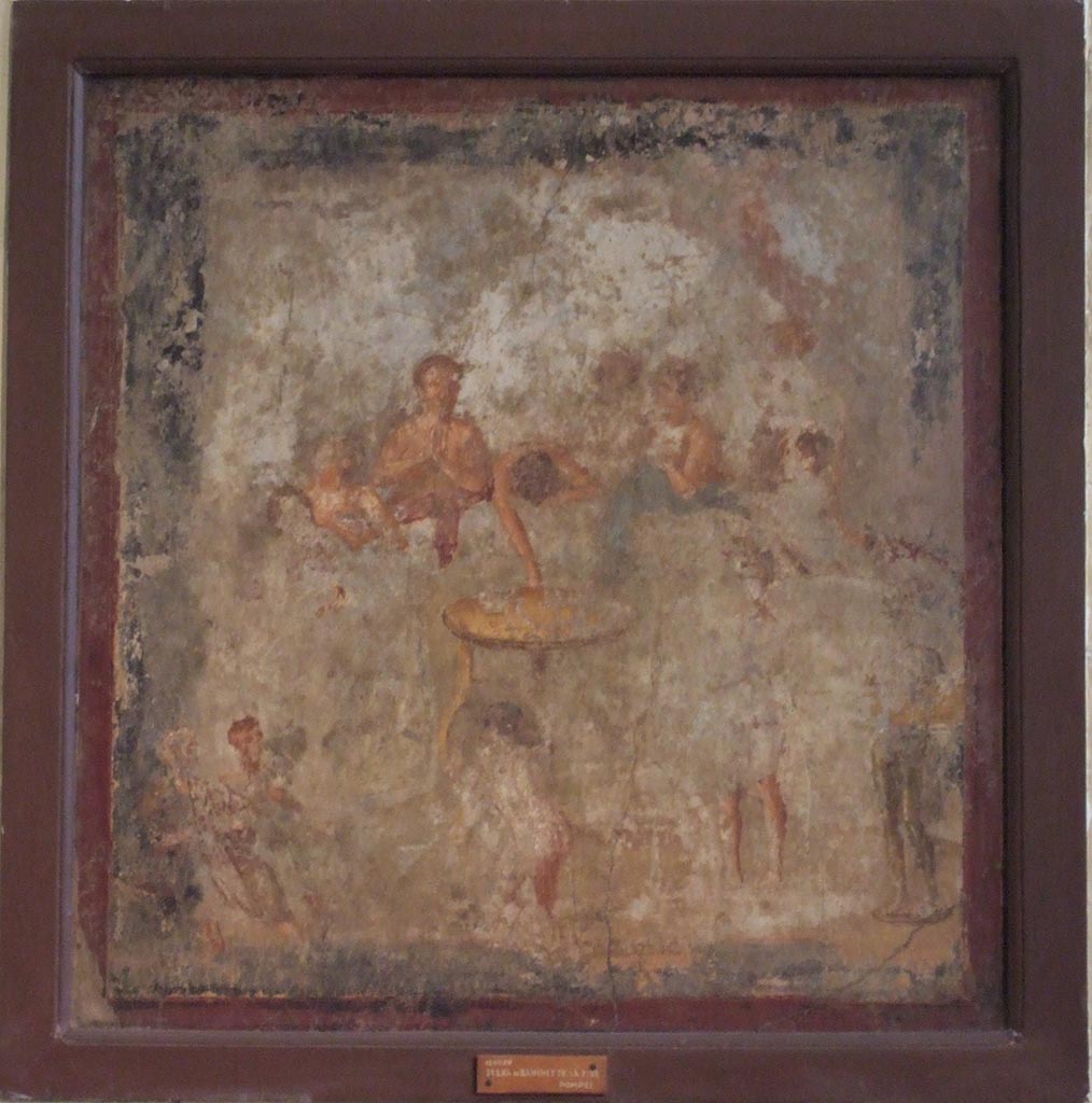 V.2.4 Pompeii. Room 15, painting of banqueting scene from west wall of triclinium.
Continuation. The guests are still drinking and the singing and dancing has begun.
Now in Naples Archaeological Museum. Inventory number 120030.
See Ruesch A., Ed, 1909. Illustrated Guide to the National Museum in Naples. Naples: Richter. (p. 114-5).
See Richardson, L., 2000. A Catalog of Identifiable Figure Painters of Ancient Pompeii, Herculaneum. Baltimore: John Hopkins (p.176) 
See Fröhlich, T., 1991. Lararien und Fassadenbilder in den Vesuvstädten. Mainz: von Zabern. Taf. 21,1.