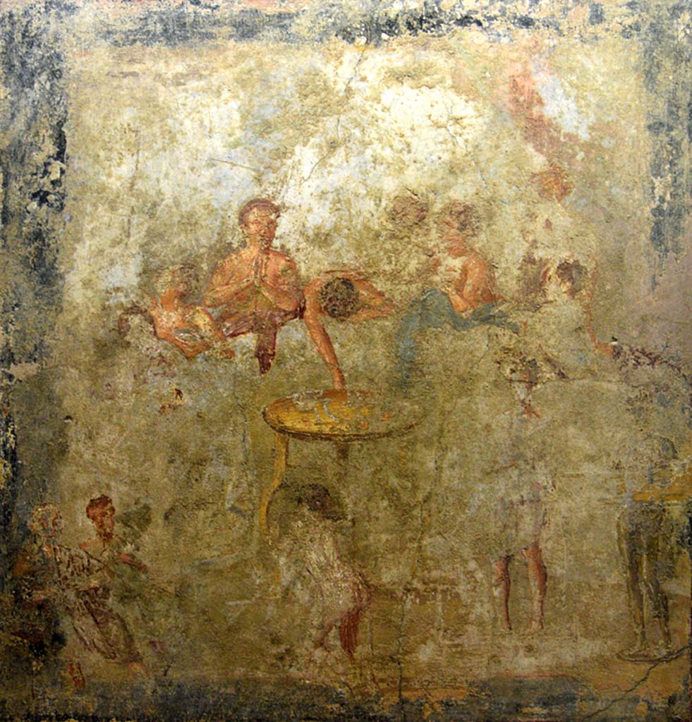 V.2.4 Pompeii. June 2017. Room 15, painting of banqueting scene from west wall of triclinium showing the Continuation. 
The guests are still drinking and the singing and dancing has begun. Photo courtesy of Johannes Eber.